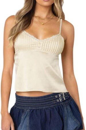 Women Lace Trim Camisole Sexy V Neck Tie Back Spaghetti Strap Backless Crop Tops Summer Tank Top Streetwear