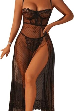 Women's 2 Piece Lingerie Set Floral Lace Sheer Mesh Split Thigh Babydoll Lingerie Dress with Thong