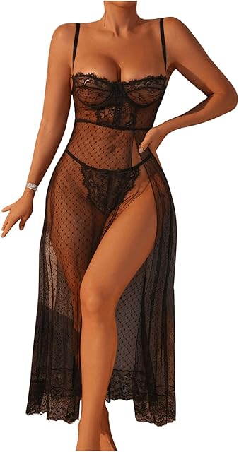 Women's 2 Piece Lingerie Set Floral Lace Sheer Mesh Split Thigh Babydoll Lingerie Dress with Thong