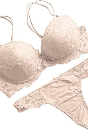 Women's Sexy Lace Lingerie Underwire Push Up Lifting Double Shoulder Strap Bra and Thongs Panty Two Piece Set