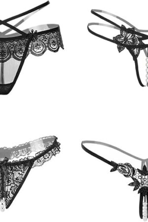 Women's Sexy Floral Lace Thongs Bow-Knot G-string Panties Black Lingerie Briefs for Valentine Gifts