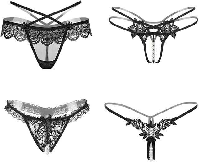 Women's Sexy Floral Lace Thongs Bow-Knot G-string Panties Black Lingerie Briefs for Valentine Gifts