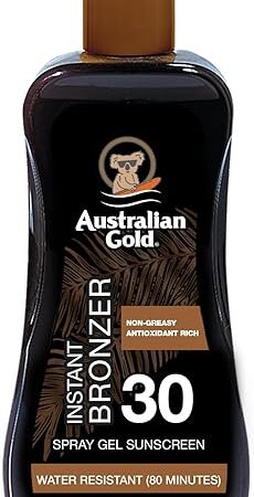 Australian Gold Spray Gel Sunscreen with Instant Bronzer SPF 30, 8 Ounce | Moisturize & Hydrate Skin | Broad Spectrum | Water Resistant | Non-Greasy | Oxybenzone Free | Cruelty Free