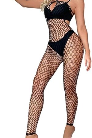 Women's Sexy Mesh Bodystocking Fishnet Lingerie See Through Dress Stretches Tight Halter Bodysuit Crotchless