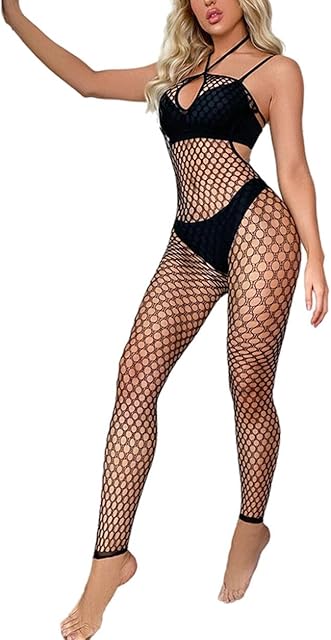 Women's Sexy Mesh Bodystocking Fishnet Lingerie See Through Dress Stretches Tight Halter Bodysuit Crotchless