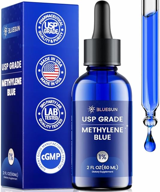Bluesun Methylene Blue Supplement - Pharmaceutical Grade, 2 FL OZ, 1% USP Grade, Liquid Drops for Humans, Third-Party Tested, Formaldehyde-Free, Manufactured in The USA, Pack of 1