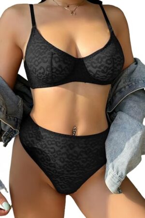 Women's Sexy Mesh Lace Underwire Lingerie Set Leopard Print See Through Bra and Panty 2 Piece Black Large