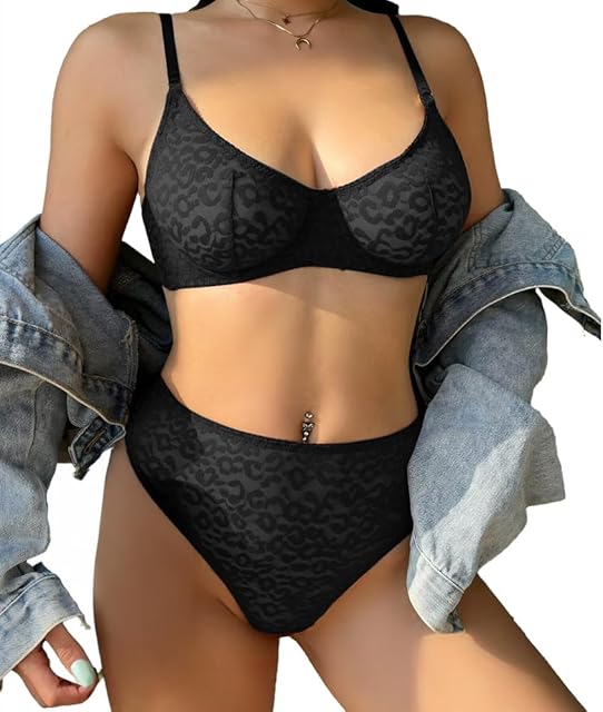 Women's Sexy Mesh Lace Underwire Lingerie Set Leopard Print See Through Bra and Panty 2 Piece Black Large