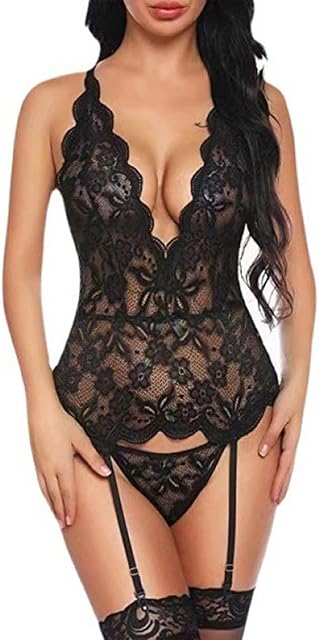 Women Sexy Plunging Backless One-Piece, Bodycon Naughty Lace Teddy Nightgown Solid Mesh Transparent Erotic Lingerie