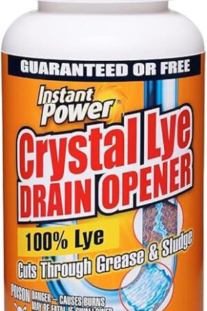 Instant Power Crystal Lye Drain Opener, Lye Sodium Hydroxide, Unclogs Bathroom and Kitchen Sinks, Drains, Shower Pipes 1 Lb