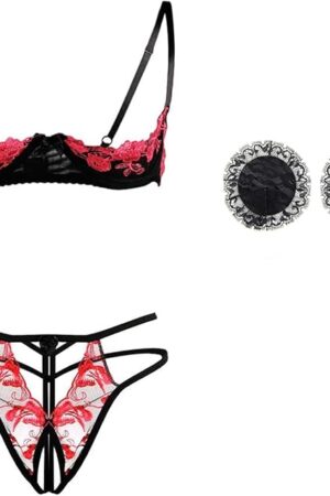 Bra and Panty Sets for Women Sexy Lingerie Set V Neck Lace Babydoll Outfits Floral Bralette with Nipple Covers