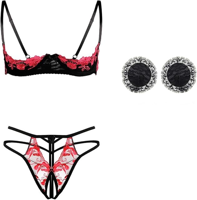 Bra and Panty Sets for Women Sexy Lingerie Set V Neck Lace Babydoll Outfits Floral Bralette with Nipple Covers