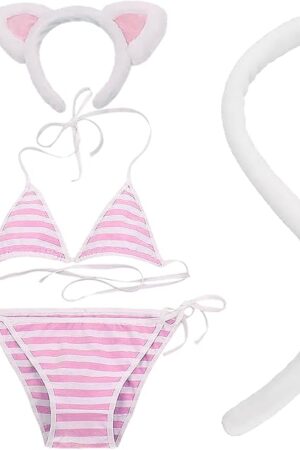 Womens Striped Bikini Set with Cat Ears Headband Plush Tail Sexy Swimsuit Cosplay Lingerie Set for Role Play Costume