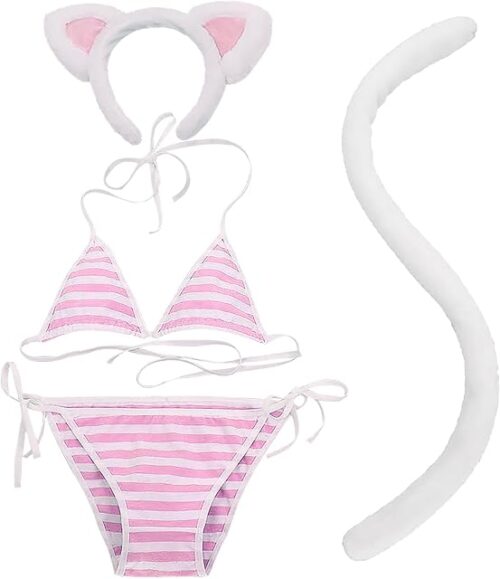 Womens Striped Bikini Set with Cat Ears Headband Plush Tail Sexy Swimsuit Cosplay Lingerie Set for Role Play Costume