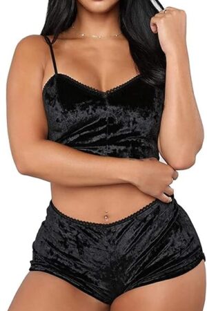 Women Velvet 2 Piece Outfit Sexy Strappy Babydoll Lingerie Pajama Set Camisole with Shorts Sleepwear Nightwear