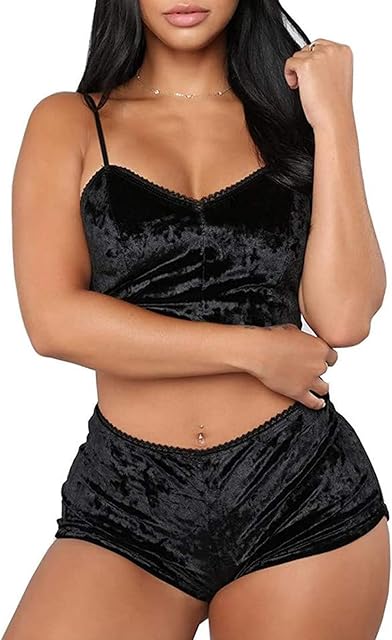 Women Velvet 2 Piece Outfit Sexy Strappy Babydoll Lingerie Pajama Set Camisole with Shorts Sleepwear Nightwear