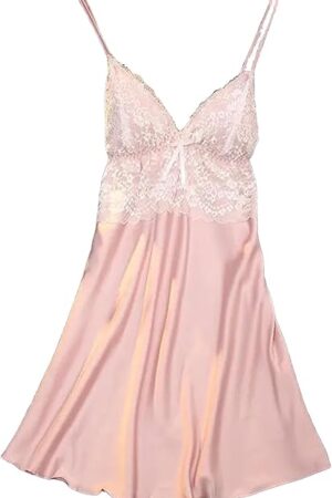 Women's Soft Silk Satin Nightgown with Built In Bra Sexy Lace Patchwork Spaghetti Straps Padded Lingerie Dress Sleepwear