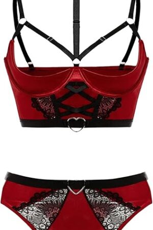Women's Plus Size Lingerie Sexy Gothic Lace Sheer Crotchless Panties and Bra Set