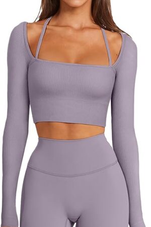 Womens Long Sleeve Sports Bra Workout Crop Tops Sexy Ribbed Cropped T Shirts Running Gym Shirts Fall Tops(Hazy Lilac X-Large)