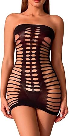 Womens Fishnet Mesh Minidress Cut-out Dress Chemise Babydoll Bodysuit Sexy Breasted Skirt Clubwear
