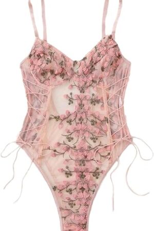 Women Sexy Lace Up Floral Embroidered Teddy Lingerie Bodysuit Top Mesh Sheer One Piece