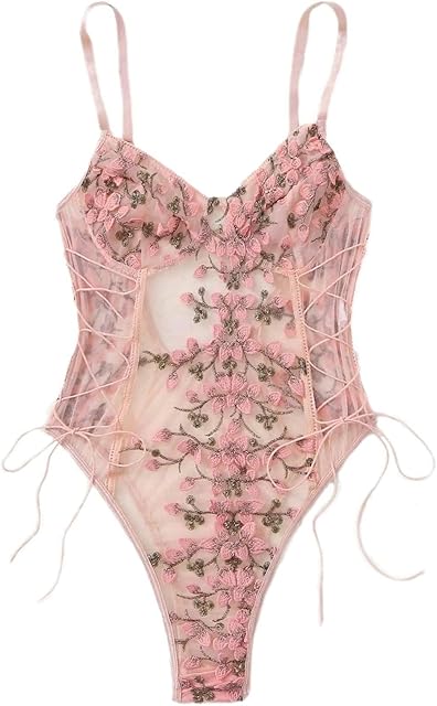 Women Sexy Lace Up Floral Embroidered Teddy Lingerie Bodysuit Top Mesh Sheer One Piece