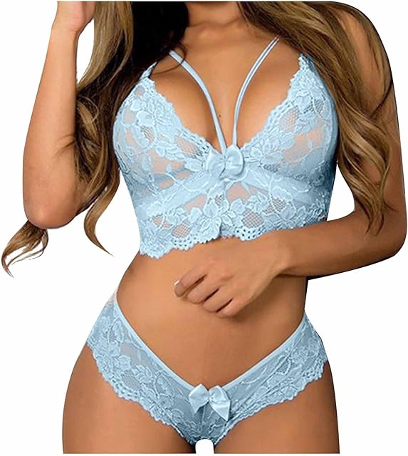 Women Plus Size Lingerie Sexy Sets Bow Lace Bra and Panty Sets 2 Piece Hollow Out Underwear Pajamas