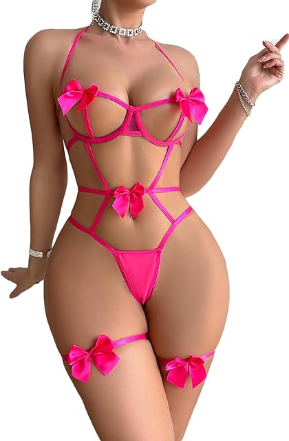 Womens Lace Bodysuit Lingerie Set Bow Knot Cut Out Lingerie One Piece Teddy