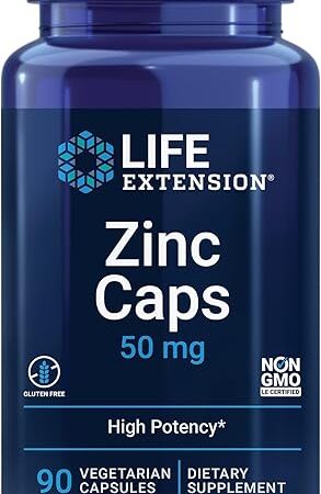 Life Extension Zinc Caps, zinc 50 mg, zinc citrate, Support the body's immune defenses, ultra-absorbable, vegetarian, non-GMO, gluten-free, 90 vegetarian capsules, 90 Count (Pack of 1)
