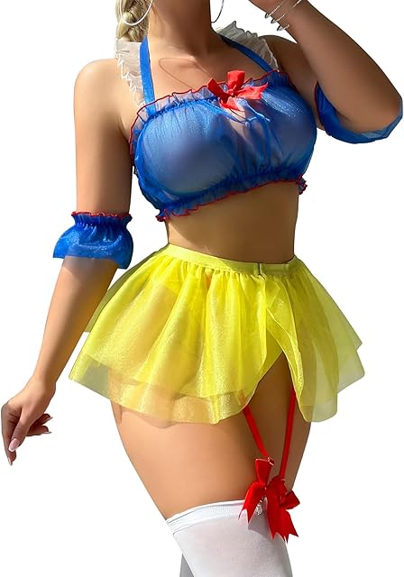 Cosplay Lingerie for Women Snow White Lingerie 7 Piece Sexy Roleplay Halloween Costumes with Stockings