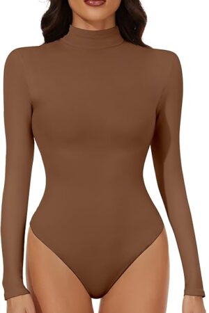 Women's Long Sleeve Mock Turtle Neck Bodysuits Tops Going Out Body Suits for Women Fashion Basic Leotards Jumpsuit