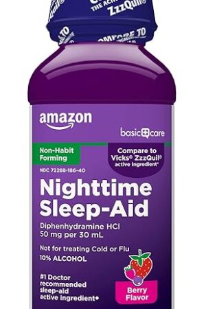 Amazon Basic Care Night Time Sleep-Aid Liquid for Adults, Diphenhydramine HCl 50 mg, Mixed Berry Flavor, Packaging May Vary, 12 fl oz (Pack of 1)
