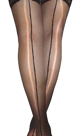 Women Back Seam Thigh High Stockings Sexy Lace Top Black Stockings Stay Up with Anti-slip Silicone Shimmery Thigh High Nylons Silk Sheer Tights Lingerie for Women