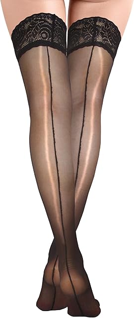 Women Back Seam Thigh High Stockings Sexy Lace Top Black Stockings Stay Up with Anti-slip Silicone Shimmery Thigh High Nylons Silk Sheer Tights Lingerie for Women