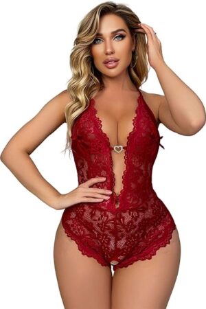 Women's Lace Bodysuit Sexy Teddy Lingerie Deep V Floral One Piece Babydoll Lingerie