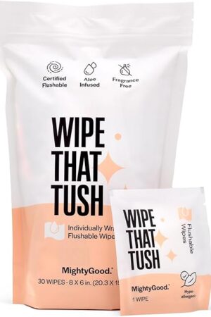 Wipe That Tush On-The-Go Flushable Wet Wipes - 1 Pack, 30 Wipes - Individually Wrapped Extra-Large Wipes with Aloe - Hypoallergenic & Unscented - Septic and Sewer Safe