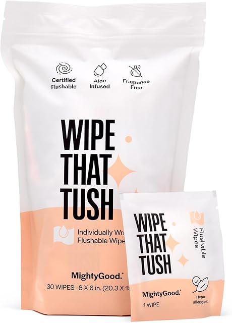 Wipe That Tush On-The-Go Flushable Wet Wipes - 1 Pack, 30 Wipes - Individually Wrapped Extra-Large Wipes with Aloe - Hypoallergenic & Unscented - Septic and Sewer Safe