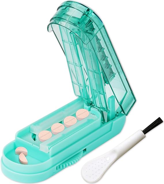 Johnbee Pill Cutter Splitter for Small and Tiny Pills, Larger Pills Adjustable Pill Splitter Accurately Cuts Multiple Pills at Once Sharp Blade with Safety Guard Non-Slip Silicone Edge (Lake Blue)
