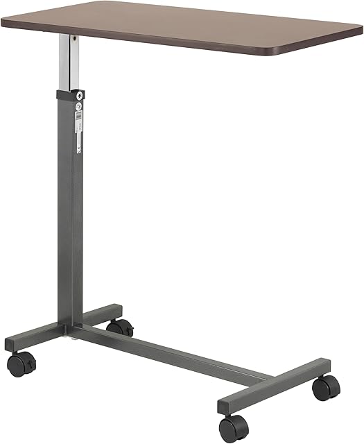 Drive Medical 13067 Non Tilt Top Overbed Table with Wheels and Secure Height Adjustment,Tray Table for Hospital or Home Use, Bedside Rolling Overbed Table, Silver Vein