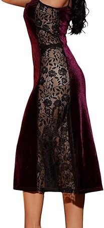 Women's Lace Sheer Velvet Nightgowns Spaghetti Strap Chemise Slip Dress Pajama Night Dress