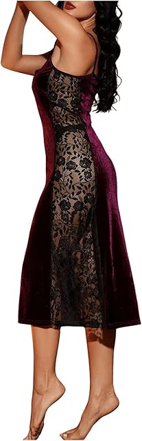Women's Lace Sheer Velvet Nightgowns Spaghetti Strap Chemise Slip Dress Pajama Night Dress