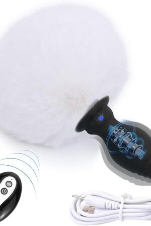 Bunny Tail Butt Plug Vibrator with Remote Silicone Anal Plug White Faux Fur Tail Plug Rechargeable Vibrating Buttplug Role Play Cosplay Sex Games for Couples Anus Rabbit's Tail Adult Sex Toys