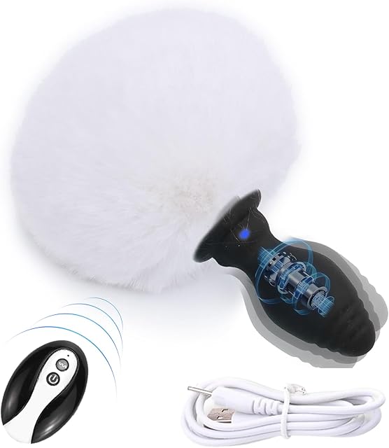 Bunny Tail Butt Plug Vibrator with Remote Silicone Anal Plug White Faux Fur Tail Plug Rechargeable Vibrating Buttplug Role Play Cosplay Sex Games for Couples Anus Rabbit's Tail Adult Sex Toys