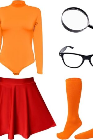 Halloween Costume for Women,Sexy Long Sleeve Leotard Turtleneck Tops Bodysuit,Skater Skirt,Magnifying Glass,Socks