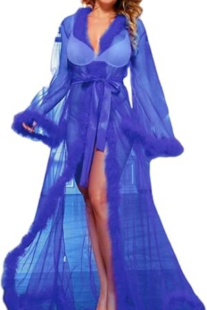 Women Lingerie Robe Long Sheer Kimono Robe Nightgown Bridal Robe with Fur