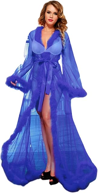Women Lingerie Robe Long Sheer Kimono Robe Nightgown Bridal Robe with Fur