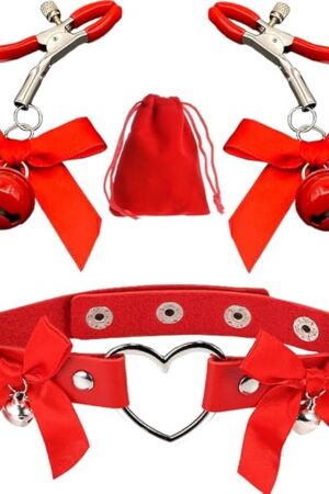 Bow Nipple Clamps Bells Sexual Pleasure Non Piercing Adjustable Chain Nipple Clip On Jewelry Breast Clamps Leather Bow Heart Choker Necklace with Velvet Bag