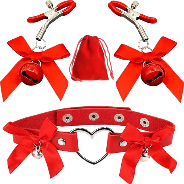 Bow Nipple Clamps Bells Sexual Pleasure Non Piercing Adjustable Chain Nipple Clip On Jewelry Breast Clamps Leather Bow Heart Choker Necklace with Velvet Bag