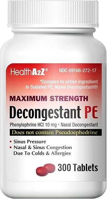 HealthA2Z? Decongestant PE | Phenylephrine HCl 10 mg | Maximum Strength | Nasal & Sinus Congestion Relief Due to Cold & Allergies (300 Count (Pack of 1))