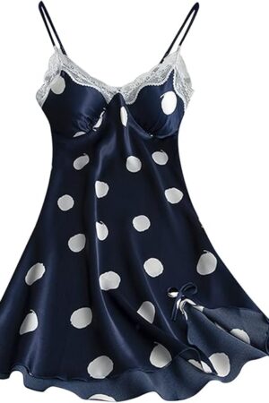 Womens Chemise Lingerie Polka Dot Satin Lace Nightgown Silk Lace Side Split Babydoll Sleepwear Dress Sexy Pajamas